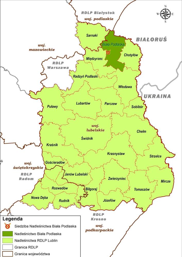 Położenie Nadleśnictwa Biała Podlaska w RDLP w Lublinie